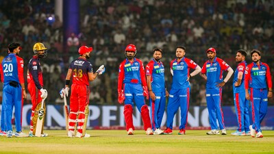Virat Kohli reacts during the DC vs RCB match. (PTI) Virat Kohli reacts during the DC vs RCB match. (PTI)