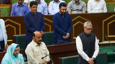 Jammu and Kashmir chief minister Omar Abdullah observes silence to pay tribute to the victims of the Pahalgam terror attack. (PTI) Jammu and Kashmir chief minister Omar Abdullah observes silence to pay tribute to the victims of the Pahalgam terror attack. (PTI)