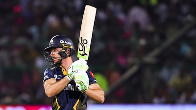 Jos Buttler did the perfect finishing job, finishing unbeaten on 50 off 26 balls. GT posted 209/4 in 20 overs. (PTI) Jos Buttler did the perfect finishing job, finishing unbeaten on 50 off 26 balls. GT posted 209/4 in 20 overs. (PTI)