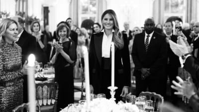 First Lady Melania Trump planned and attended the annual Governors Ball last night at the White House in a D&G black velvet tuxedo with satin lapels and a Ralph Lauren tuxedo shirt and tuxedo belt. First Lady Melania Trump planned and attended the annual Governors Ball last night at the White House in a D&G black velvet tuxedo with satin lapels and a Ralph Lauren tuxedo shirt and tuxedo belt. 