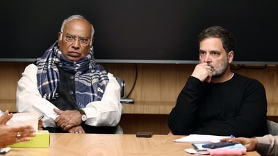 Congress chief Mallikarjun Kharge and Lok Sabha LoP Rahul Gandhi during a meeting with party leaders. (Congress-X)