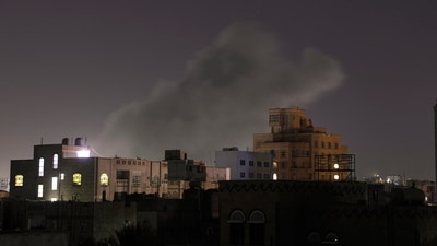 Smoke rises from a location which Houthi rebels said was hit by US airstrikes in Sanaa, Yemen, on Saturday, April 19, 2025. (File/AP) Smoke rises from a location which Houthi rebels said was hit by US airstrikes in Sanaa, Yemen, on Saturday, April 19, 2025. (File/AP)