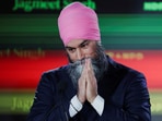 New Democratic Party (NDP) leader Jagmeet Singh gestures at his election night headquarters in Burnaby, British Columbia.