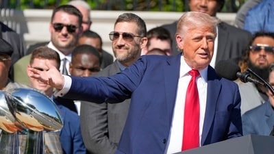 President Donald Trump speaks as he welcomes the Super Bowl champion Philadelphia Eagles NFL football team to the South Lawn of the White House, Monday, April 28, 2025, in Washington. (AP) President Donald Trump speaks as he welcomes the Super Bowl champion Philadelphia Eagles NFL football team to the South Lawn of the White House, Monday, April 28, 2025, in Washington. (AP)