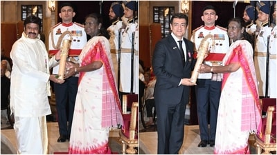 Balakrishna and Ajith Kumar received the Padma Bhushan from President Droupadi Murmu on Monday. Balakrishna and Ajith Kumar received the Padma Bhushan from President Droupadi Murmu on Monday.