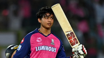Rajasthan Royals' Vaibhav Suryavanshi celebrates after becoming the youngest player to score an IPL century (REUTERS)