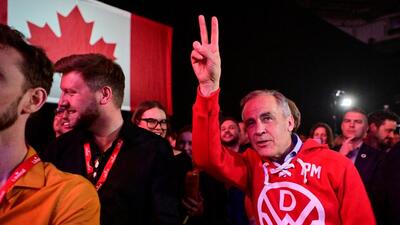 Canada's Prime Minister Mark Carney gestures during an event at the Liberal Party election night headquarters in Ottawa, Ontario, on Tuesday. (REUTERS) Canada's Prime Minister Mark Carney gestures during an event at the Liberal Party election night headquarters in Ottawa, Ontario, on Tuesday. (REUTERS)