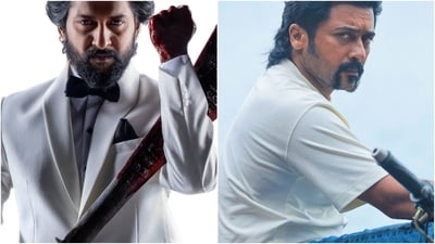 Nani and Suriya in stills from their upcoming films HIT: The Third Case and Retro. Nani and Suriya in stills from their upcoming films HIT: The Third Case and Retro.