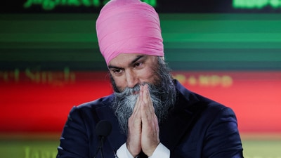 New Democratic Party (NDP) leader Jagmeet Singh gestures at his election night headquarters in Burnaby, British Columbia. (REUTERS)