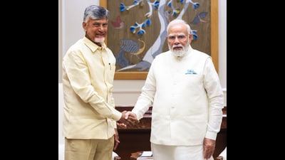 New Delhi, Apr 25 (ANI): Andhra Pradesh Chief Minister N Chandrababu Naidu meets Prime Minister Narendra Modi, in New Delhi on Friday. (PMO India-X) New Delhi, Apr 25 (ANI): Andhra Pradesh Chief Minister N Chandrababu Naidu meets Prime Minister Narendra Modi, in New Delhi on Friday. (PMO India-X)