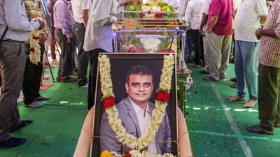 People pay their last respects to the mortal remains of Bharat Bhushan, who was killed in the Pahalgam terror attack. (PTI) People pay their last respects to the mortal remains of Bharat Bhushan, who was killed in the Pahalgam terror attack. (PTI)