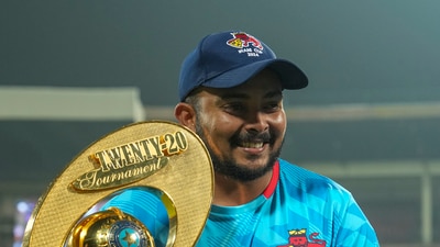 Prithvi Shaw poses for photographs with the championship trophy after winning the T20 cricket final match of the Syed Mushtaq Ali Trophy. (PTI Photo/Shailendra Bhojak) (PTI12_15_2024_000327B) (PTI) Prithvi Shaw poses for photographs with the championship trophy after winning the T20 cricket final match of the Syed Mushtaq Ali Trophy. (PTI Photo/Shailendra Bhojak) (PTI12_15_2024_000327B) (PTI)