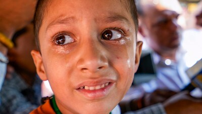 A Pakistani child cries after his Indian mother, Rukshar, was stopped by authorities from accompanying him to Pakistan at the Attari-Wagah border checkpost near Amritsar on Monday, April 28, 2025. (PTI) A Pakistani child cries after his Indian mother, Rukshar, was stopped by authorities from accompanying him to Pakistan at the Attari-Wagah border checkpost near Amritsar on Monday, April 28, 2025. (PTI)