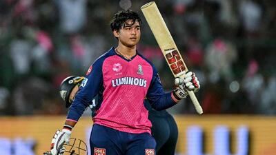 Rajasthan Royals batter Vaibhav Suryavanshi, 14, celebrates after becoming the youngest to score a century in IPL, and the second fastest to triple figures, against Gujarat Titans in Jaipur on Monday. (AFP) Rajasthan Royals batter Vaibhav Suryavanshi, 14, celebrates after becoming the youngest to score a century in IPL, and the second fastest to triple figures, against Gujarat Titans in Jaipur on Monday. (AFP)