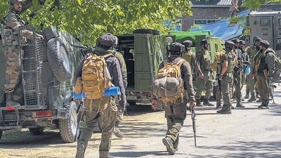 Security personnel conduct a cordon and search operation in Anantnag district of Jammu and Kashmir on Tuesday. (PTI) Security personnel conduct a cordon and search operation in Anantnag district of Jammu and Kashmir on Tuesday. (PTI)