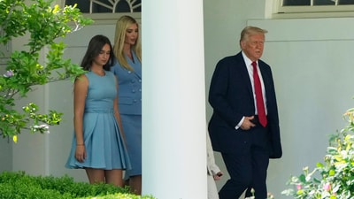 President Donald Trump walks with his daughter Ivanka and Ivanka's daughter Arabella, far left, to welcome the Super Bowl champion Philadelphia Eagles NFL football team to the South Lawn of the White House, Monday, April 28, 2025, in Washington. (AP Photo/Mark Schiefelbein) (AP) President Donald Trump walks with his daughter Ivanka and Ivanka's daughter Arabella, far left, to welcome the Super Bowl champion Philadelphia Eagles NFL football team to the South Lawn of the White House, Monday, April 28, 2025, in Washington. (AP Photo/Mark Schiefelbein) (AP)