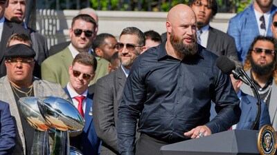 Philadelphia Eagles offensive tackle Lane Johnson, speaks as President Donald Trump welcomes the Super Bowl champion NFL football team to the South Lawn of the White House, Monday, April 28, 2025, in Washington. (AP Photo/Mark Schiefelbein) (AP) Philadelphia Eagles offensive tackle Lane Johnson, speaks as President Donald Trump welcomes the Super Bowl champion NFL football team to the South Lawn of the White House, Monday, April 28, 2025, in Washington. (AP Photo/Mark Schiefelbein) (AP)