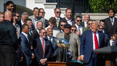 US President Donald Trump smiles at the team as he hosts an event celebrating the Philadelphia Eagles, who defeated the defending champion Kansas City Chiefs 40-22 in Super Bowl LIX, held in New Orleans, Louisiana on February 9, 2025. (Photo by Jim WATSON / AFP) (AFP) US President Donald Trump smiles at the team as he hosts an event celebrating the Philadelphia Eagles, who defeated the defending champion Kansas City Chiefs 40-22 in Super Bowl LIX, held in New Orleans, Louisiana on February 9, 2025. (Photo by Jim WATSON / AFP) (AFP)