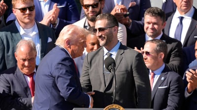 Trump and Philadelphia Eagles head coach Nick Sirianni shake hands as President Trump honors the Super Bowl LIX champion Philadelphia Eagles at The White House in Washington D.C., on April 28, 2025. Mandatory Credit: Josh Morgan-USA TODAY via Imagn Images (IMAGN IMAGES via Reuters Connect)