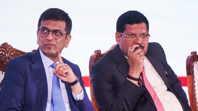 In this file image, former CJI DY Chandrachud and Supreme Court Justice BR Gavai are seen at the ground breaking ceremony of the proposed new High court complex, in Mumbai. (PTI)