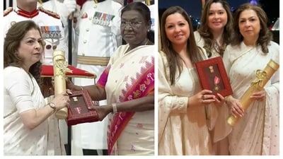 Farida Udhas, Pankaj Udhas' wife, receives the Padma Bhushan (posthumous) from President Droupadi Murmu; (right) with daughters Nayaab and Reva after the ceremony in Delhi Farida Udhas, Pankaj Udhas' wife, receives the Padma Bhushan (posthumous) from President Droupadi Murmu; (right) with daughters Nayaab and Reva after the ceremony in Delhi