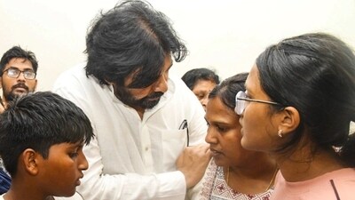 Andhra Pradesh deputy chief minister Pawan Kalyan meets the bereaved family members of Madhusudan Rao, who was killed in the Pahalgam terror attack. (PTI) Andhra Pradesh deputy chief minister Pawan Kalyan meets the bereaved family members of Madhusudan Rao, who was killed in the Pahalgam terror attack. (PTI)