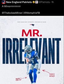 Fans recognized a play on rookie Kobee Minor's name as a reference to Kendrick Lamar's diss track targeting Drake, who is suing Universal Music Group for defamation over it. (X/New England Patriots) Fans recognized a play on rookie Kobee Minor's name as a reference to Kendrick Lamar's diss track targeting Drake, who is suing Universal Music Group for defamation over it. (X/New England Patriots)