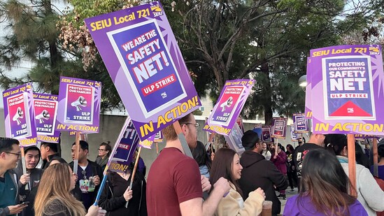 Los Angeles County workers picket outside of the Los Angeles General Medical Center after walking off the job Monday, April 28, 2025, in Los Angeles. (AP Photo/Jaimie Ding) (AP)