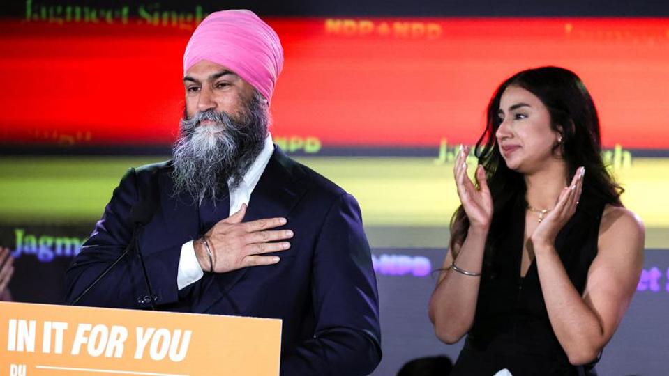 New Democratic Party (NDP) leader Jagmeet Singh with his wife, Gurkiran Kaur Sidhu, at his election night headquarters in Burnaby, British Columbia, Canada, on Monday night. (Reuters) New Democratic Party (NDP) leader Jagmeet Singh with his wife, Gurkiran Kaur Sidhu, at his election night headquarters in Burnaby, British Columbia, Canada, on Monday night. (Reuters)