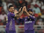 Kolkata Knight Riders' Sunil Narine celebrates with Ajinkya Rahane 