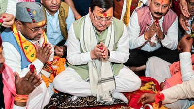 Uttarakhand Chief Minister Pushkar Singh Dhami performs rituals during the door opening ceremony of Gangotri Dham temple on the occasion of Akshaya Tritiya, at Gangotri Dham in Uttarkashi on Wednesday. (X/@pushkardhami) Uttarakhand Chief Minister Pushkar Singh Dhami performs rituals during the door opening ceremony of Gangotri Dham temple on the occasion of Akshaya Tritiya, at Gangotri Dham in Uttarkashi on Wednesday. (X/@pushkardhami)