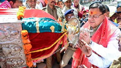 Uttarakhand Chief Minister Pushkar Singh Dhami offered prayers at the sacred Gangotri Dham on Wednesday, marking the opening of the doors of Gangotri and Yamunotri Dham on the auspicious occasion of Akshaya Tritiya. (X/@pushkardhami) Uttarakhand Chief Minister Pushkar Singh Dhami offered prayers at the sacred Gangotri Dham on Wednesday, marking the opening of the doors of Gangotri and Yamunotri Dham on the auspicious occasion of Akshaya Tritiya. (X/@pushkardhami)
