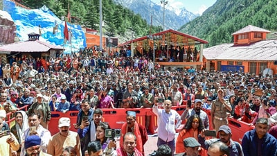 People gather at the Gangotri Dham during the door opening ceremony of Gangotri Dham temple on the occasion of Akshaya Tritiya, in Uttarkashi on Wednesday. (X/@pushkardhami) People gather at the Gangotri Dham during the door opening ceremony of Gangotri Dham temple on the occasion of Akshaya Tritiya, in Uttarkashi on Wednesday. (X/@pushkardhami)