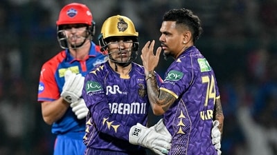Kolkata Knight Riders' Sunil Narine (R) celebrates with wicketkeeper Rahmanullah Gurbaz (C) after taking the wicket of Delhi Capitals' Tristan Stubbs (AFP) Kolkata Knight Riders' Sunil Narine (R) celebrates with wicketkeeper Rahmanullah Gurbaz (C) after taking the wicket of Delhi Capitals' Tristan Stubbs (AFP)