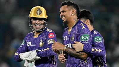 KKR’s Sunil Narine (C) celebrates after dismissing Delhi Capitals's Faf du Plessis. (AFP) KKR’s Sunil Narine (C) celebrates after dismissing Delhi Capitals's Faf du Plessis. (AFP)
