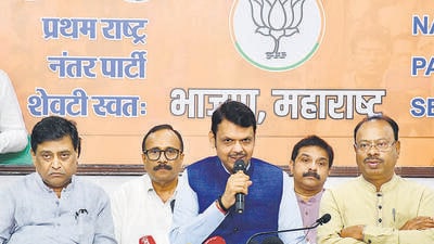 Mumbai, India – June 05, 2024: Maharashtra Deputy CM Devendra Fadnavis alongwith BJP leaders addressing the media, at BJP office, in Mumbai, India, on Wednesday, June 05, 2024. (Photo by Bhushan Koyande/HT Photo) Mumbai, India – June 05, 2024: Maharashtra Deputy CM Devendra Fadnavis alongwith BJP leaders addressing the media, at BJP office, in Mumbai, India, on Wednesday, June 05, 2024. (Photo by Bhushan Koyande/HT Photo)