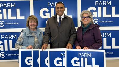Newly elected Conservative MP Parm Gill (centre), while campaigning for the 2025 Canadian elections. (Credit: Parm Gill-X) Newly elected Conservative MP Parm Gill (centre), while campaigning for the 2025 Canadian elections. (Credit: Parm Gill-X)