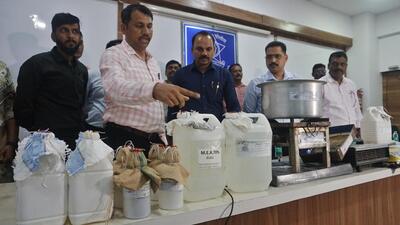 Thane, India - April 30, 2025: The Thane Anti-Narcotics Squad has taken action against a factory manufacturing MD drugs in Ayodhya Uttar Pradesh state . In this action, three accused have been arrested and MD drugs worth  ₹2 crore 30,49600 and materials used for making them have been seized from them Ê,in Thane,in Mumbai, India, on, Wednesday, April -30, 2025. ( Praful Gangurde /HT Photo )