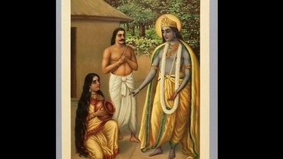 Krishna honours Draupadi the Akshaya Patra. (B. P Banerjee Painting) Krishna honours Draupadi the Akshaya Patra. (B. P Banerjee Painting)