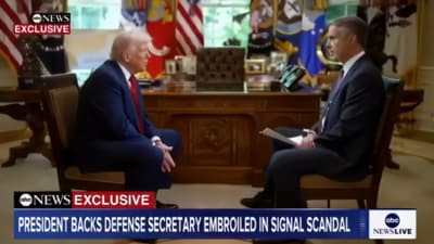 On his 100th day back in office, President Trump expressed doubts about Defense Secretary Hegseth's confidence amidst scrutiny over sensitive information leaks. (ABC News) On his 100th day back in office, President Trump expressed doubts about Defense Secretary Hegseth's confidence amidst scrutiny over sensitive information leaks. (ABC News)