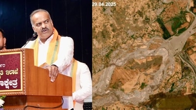 Taking to social media platform X (formerly Twitter), Mohan posted satellite images comparing the river’s water levels, suggesting a drastic drop. (X/PC Mohan) Taking to social media platform X (formerly Twitter), Mohan posted satellite images comparing the river’s water levels, suggesting a drastic drop. (X/PC Mohan)