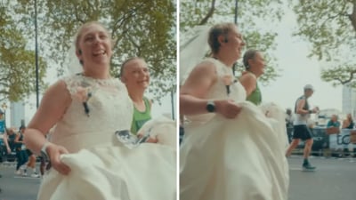 On her anniversary, Laura Coleman-Day completed the 2025 TCS London Marathon in her wedding dress. (Instagram/londonmarathon) On her anniversary, Laura Coleman-Day completed the 2025 TCS London Marathon in her wedding dress. (Instagram/londonmarathon)