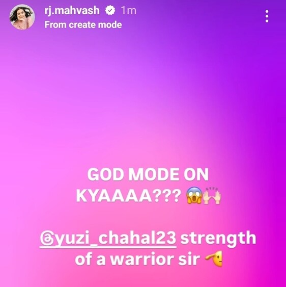 RJ Mahvash posted a story praising Yuzvendra Chahal for his match-winning spell on Wednesday night RJ Mahvash posted a story praising Yuzvendra Chahal for his match-winning spell on Wednesday night