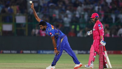 Jasprit Bumrah struck twice in his first over, dismissing Riyan Parag and Shimron Hetmyer to make the result an inevitability within the powerplay itself. Bumrah was breathing fire, close to his best as he finished with 2-15 from his four. (AP) Jasprit Bumrah struck twice in his first over, dismissing Riyan Parag and Shimron Hetmyer to make the result an inevitability within the powerplay itself. Bumrah was breathing fire, close to his best as he finished with 2-15 from his four. (AP)
