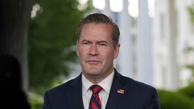 National Security Advisor Mike Waltz speaks during a television interview at the White House. (AP)