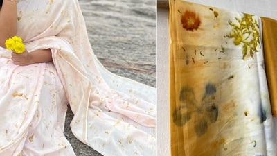 Sarees eco-printed with real flowers and plant-based dyes. Sarees eco-printed with real flowers and plant-based dyes.