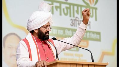 Nayab Singh Saini speaking during an event in Panchkula on Thursday. (Sourced)