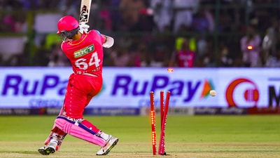 It only took two overs for RR's chase to feel dead and buried, as Yashasvi Jaiswal swung through the line and missed all ends up against Trent Boult. RR's hopes faded very quickly with this wicket, and it wasn't long before MI took total control. (PTI) It only took two overs for RR's chase to feel dead and buried, as Yashasvi Jaiswal swung through the line and missed all ends up against Trent Boult. RR's hopes faded very quickly with this wicket, and it wasn't long before MI took total control. (PTI)
