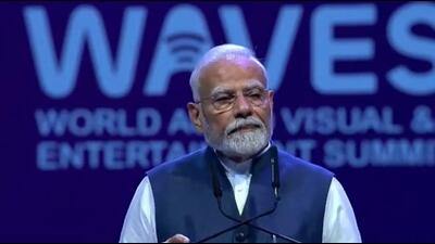 Prime Minister Narendra Modi at the World Audio Visual and Entertainment Summit (WAVES) in Mumbai. (Screengrab | X/Waves 2025) Prime Minister Narendra Modi at the World Audio Visual and Entertainment Summit (WAVES) in Mumbai. (Screengrab | X/Waves 2025)