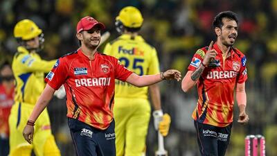 Punjab Kings' Yuzvendra Chahal (R) celebrates after taking the wicket of Chennai Super Kings' Noor Ahmad. (AFP) Punjab Kings' Yuzvendra Chahal (R) celebrates after taking the wicket of Chennai Super Kings' Noor Ahmad. (AFP)